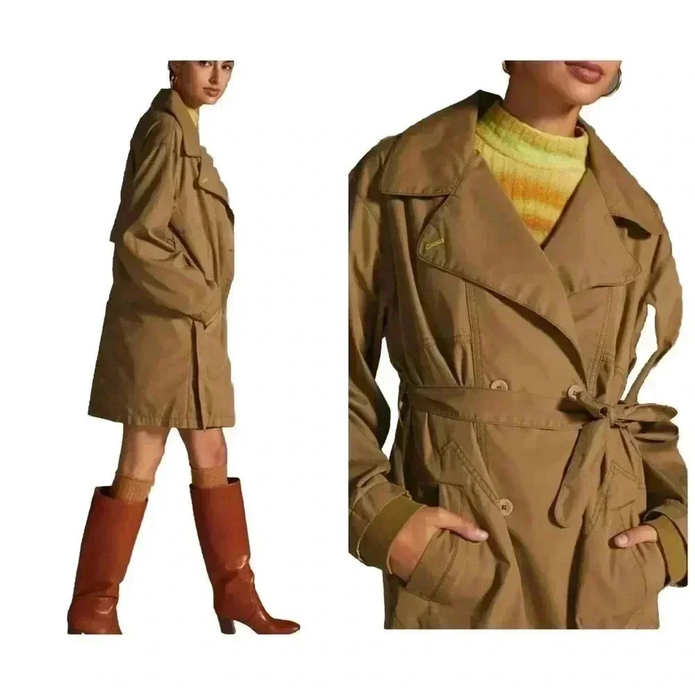 Anthropologie Pilcro Khaki Utility Long Trench Coat Jacket w/Tie Pockets Large